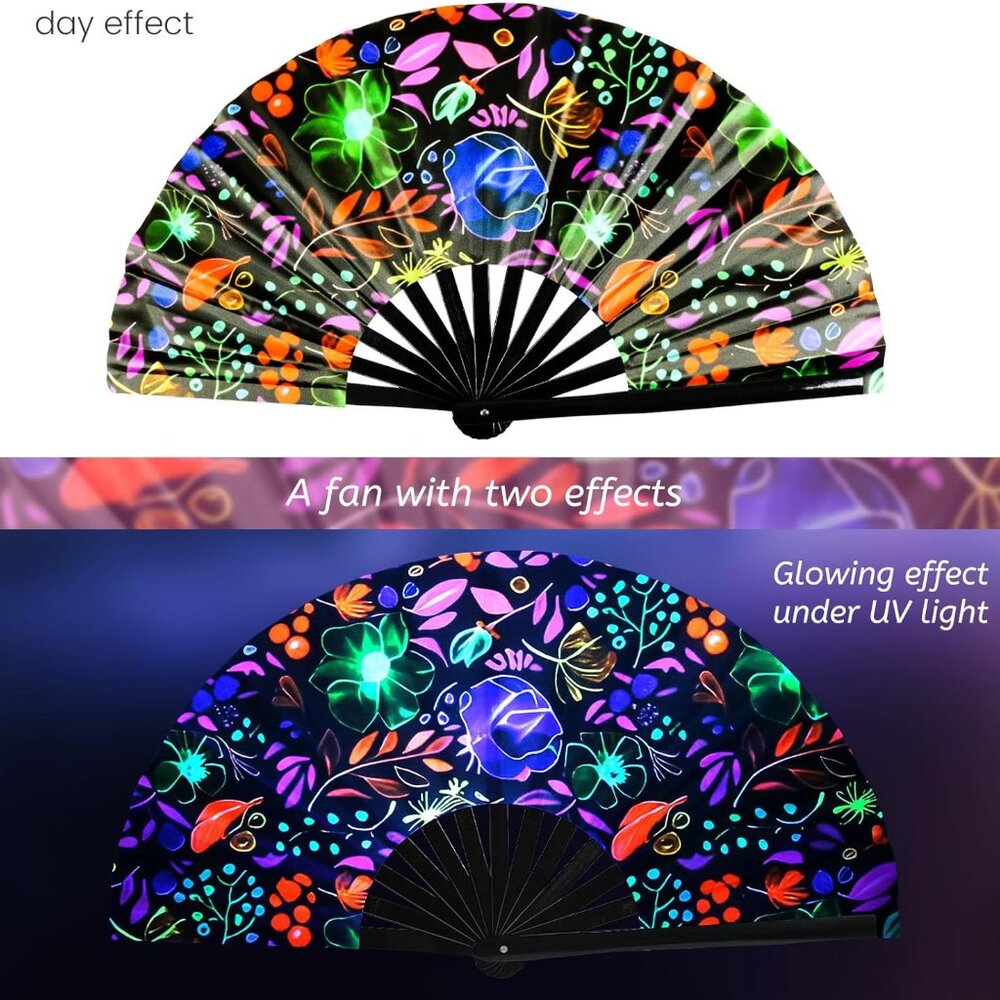 Large Folding Hand Fan, UV Glow Fan for Rave, Festival Folding Hand Fan for Wome - Picture 4 of 7